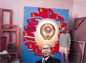 Erik Bulatov with his painting of Brezhnev as a cosmonaut