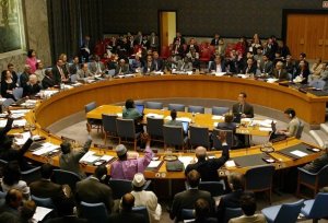 The United Nations Security Council votes to lift sanctions on Libya, September 2003.