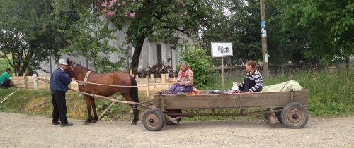 Man, woman and girl in horse-drawn cart, near Vitcari, Romania. Photo: Andrew Solomon.
