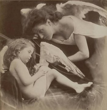 Julia Margaret Cameron, Venus chiding Cupid and removing his wings, 1873. Mary Hillier, Cameron's chief maid, poses as Venus, and the androgynous-looking Freddie Gould as Cupid; both were frequently used together as Madonna and child.
