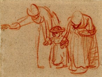 Rembrandt: Two women teaching a child to walk. Red chalk on gray paper, ca. 1635-1637.