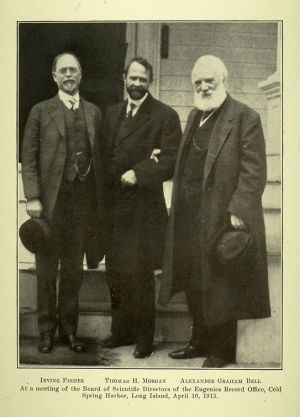 Irving Fisher, T.H. Morgan, and Alexander Graham Bell at Eugenics Record Office Board Meeting, April 10, 1915, Eugenical News (vol. 14:8). Source: Eugenics Archive.